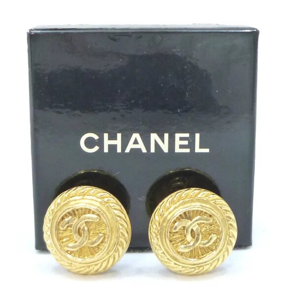 Authentic CHANEL Vintage Coco Mark Earrings Gold Brass - Picture 1 of 11